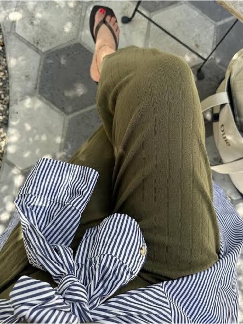 DONNI. Olive Green Pointelle Simple Crop Pant